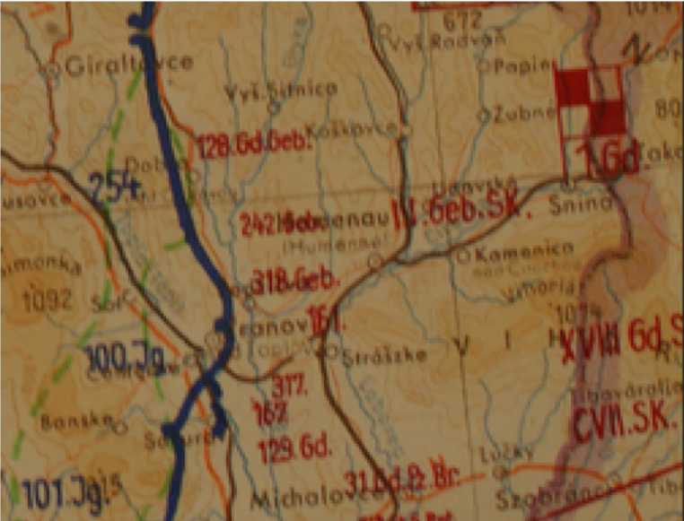 Čiara frontovej línie 1.12.1944 tesne po oslobodení vtedajšieho Humenského okresu